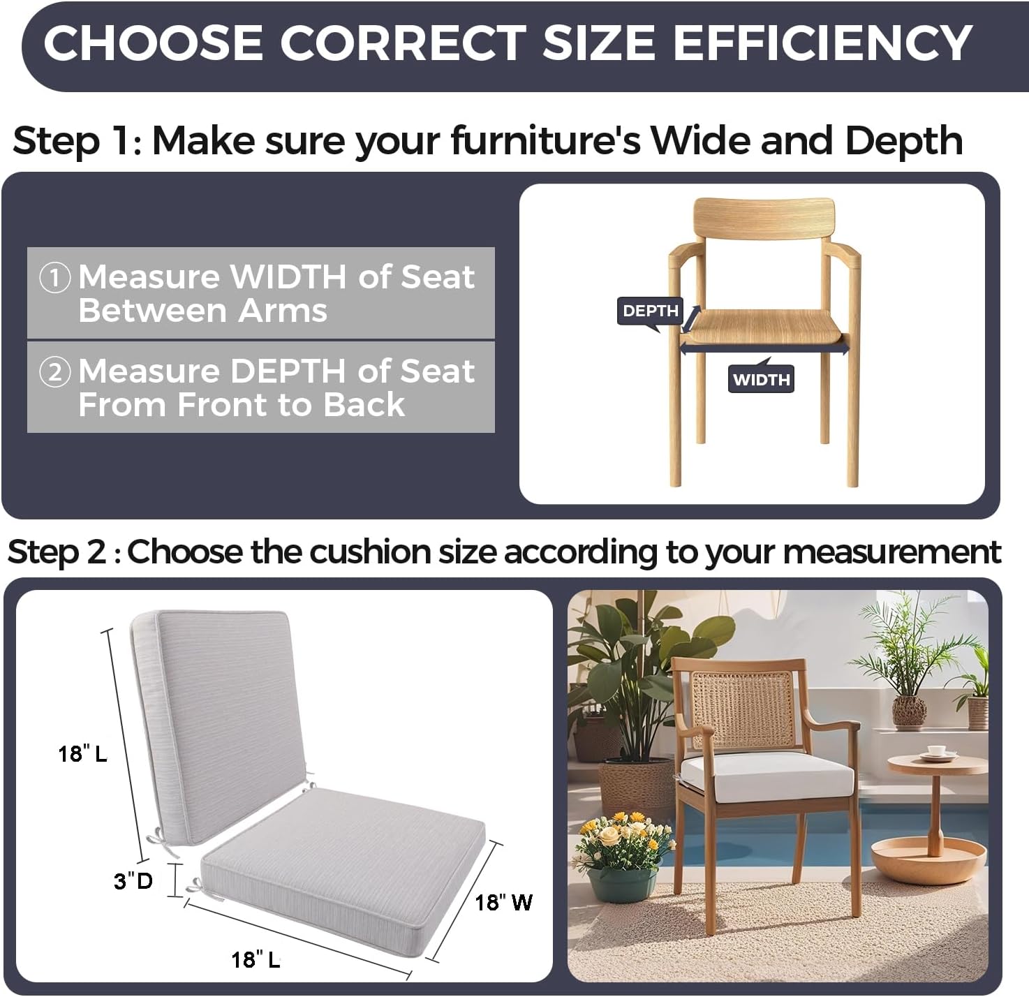 Outdoor Chair Cushion 18 x 18 x 3 Inch, Waterproof & 3-Year Fade Resistant Patio Furniture Cushions, Removable Cover and Adjustable Ties for Garden Sofa Couch (Beige)