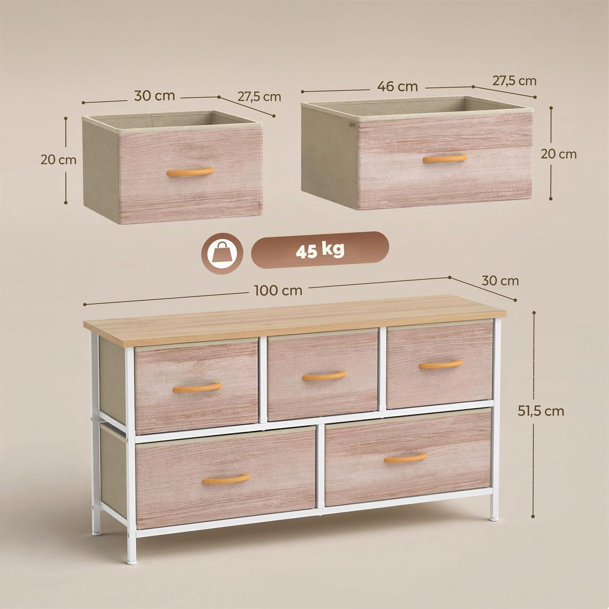 HOMCOM Cómoda con 5 Cajones de Tela para Dormitorio Salón Natural y Blanco
