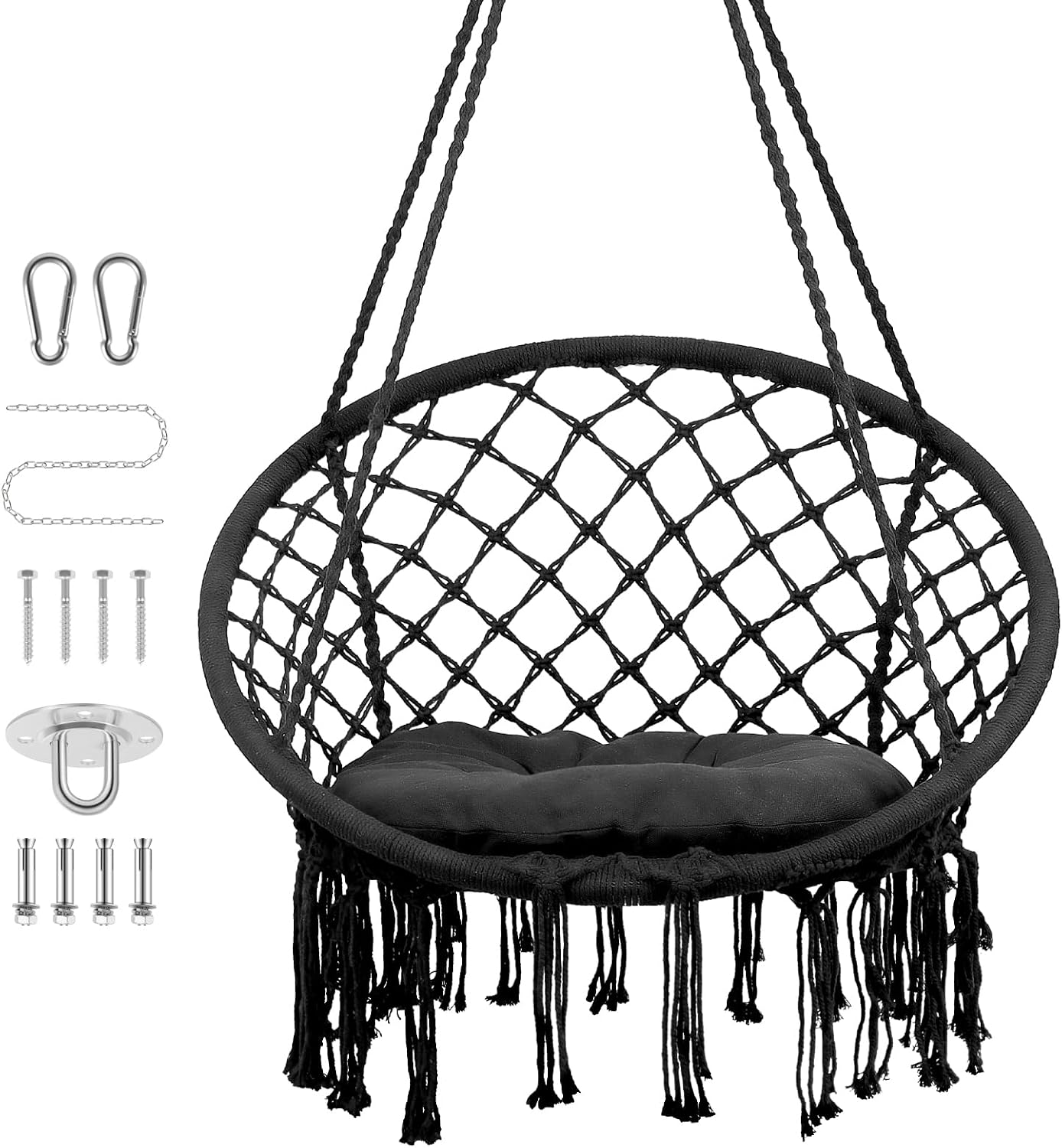 Hanging Rope Hammock Lounger Chair Hanging Macrame Swing with Hardware Kits, Max 330 Lbs, Handmade Knitted Mesh Rope Swing Chair for Indoor, Outdoor, Bedroom, Deck, Yard, Garden, Black