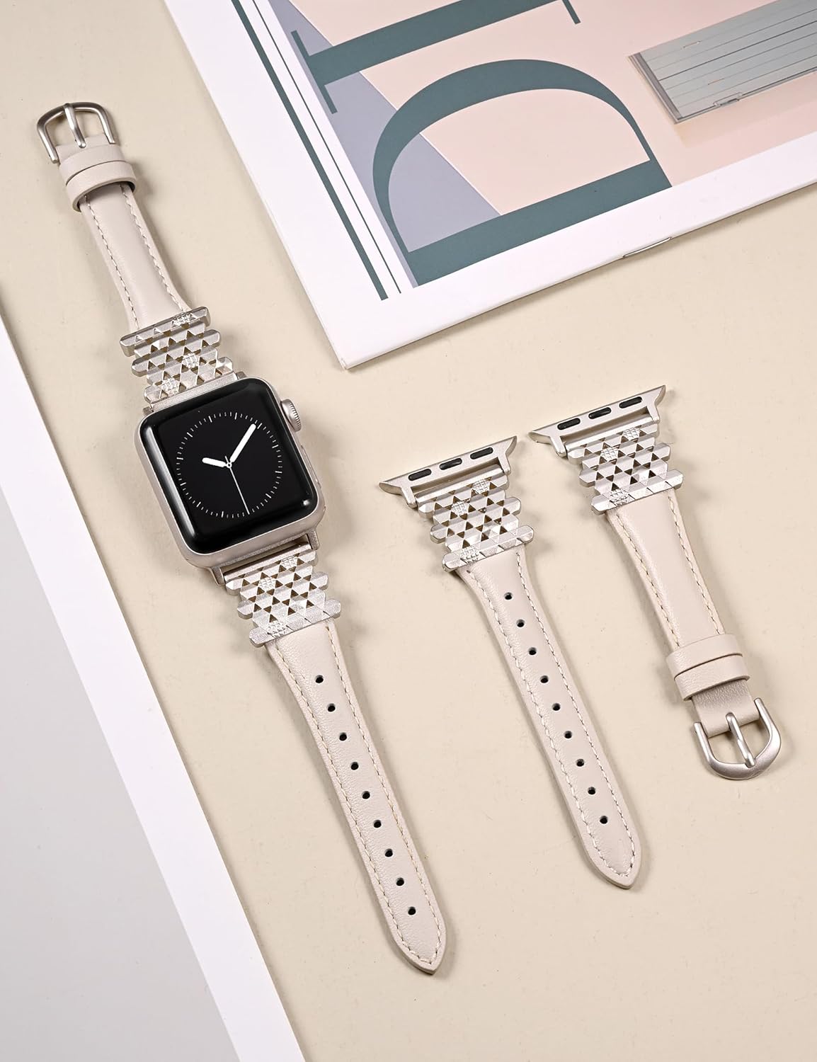 Wearlizer Leather Band Compatible with Apple Watch Bands Women 38/40/41/42/44/45/46/49mm, Dressy Fancy Interlocking Hexagon Buckle Strap for iWatch Series 11 10 9 8 7 6 5 4 3 SE/Ultra 3 2 1 - Image 3