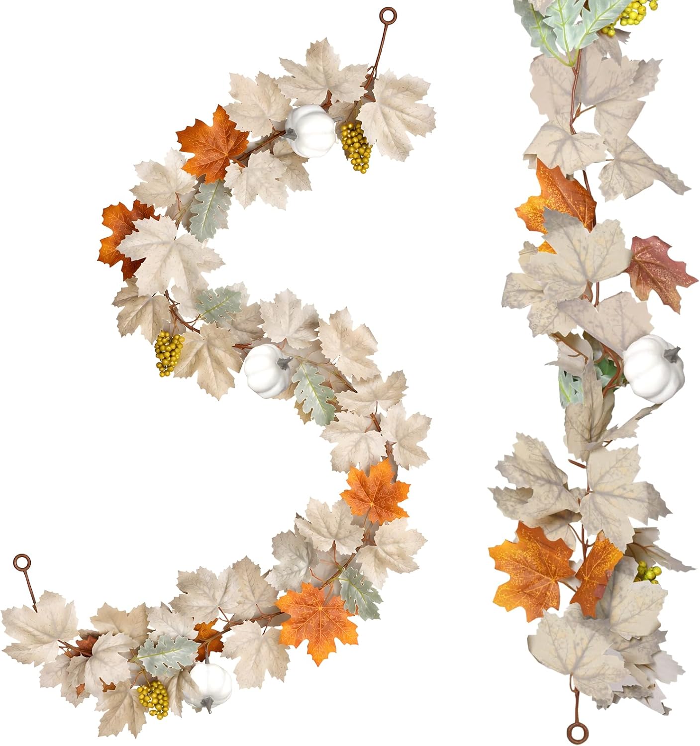 2 Pack Fall Garland with Pumpkins and Berries – 6ft Artificial Maple Leaf Garlands with Cream and Orange Leaves for Thanksgiving, Fireplace, Front Door, Farmhouse Autumn Decorations