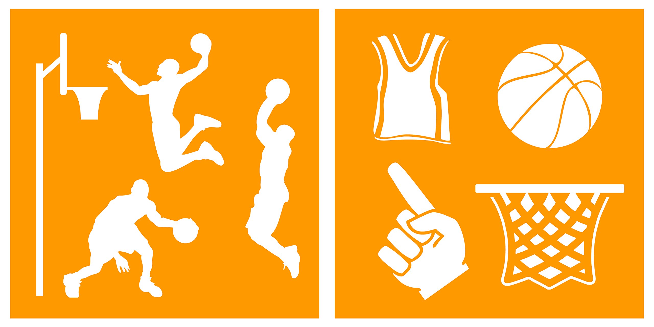 STENCIL-BASKETBALL-10 - Basketball Silhouettes Stencil Set - Featuring Multiple Players, Ball, Net, Jersey, & More! - 10-by-10-inch Sheet - (2) Piece Kit - Pair of Sheets