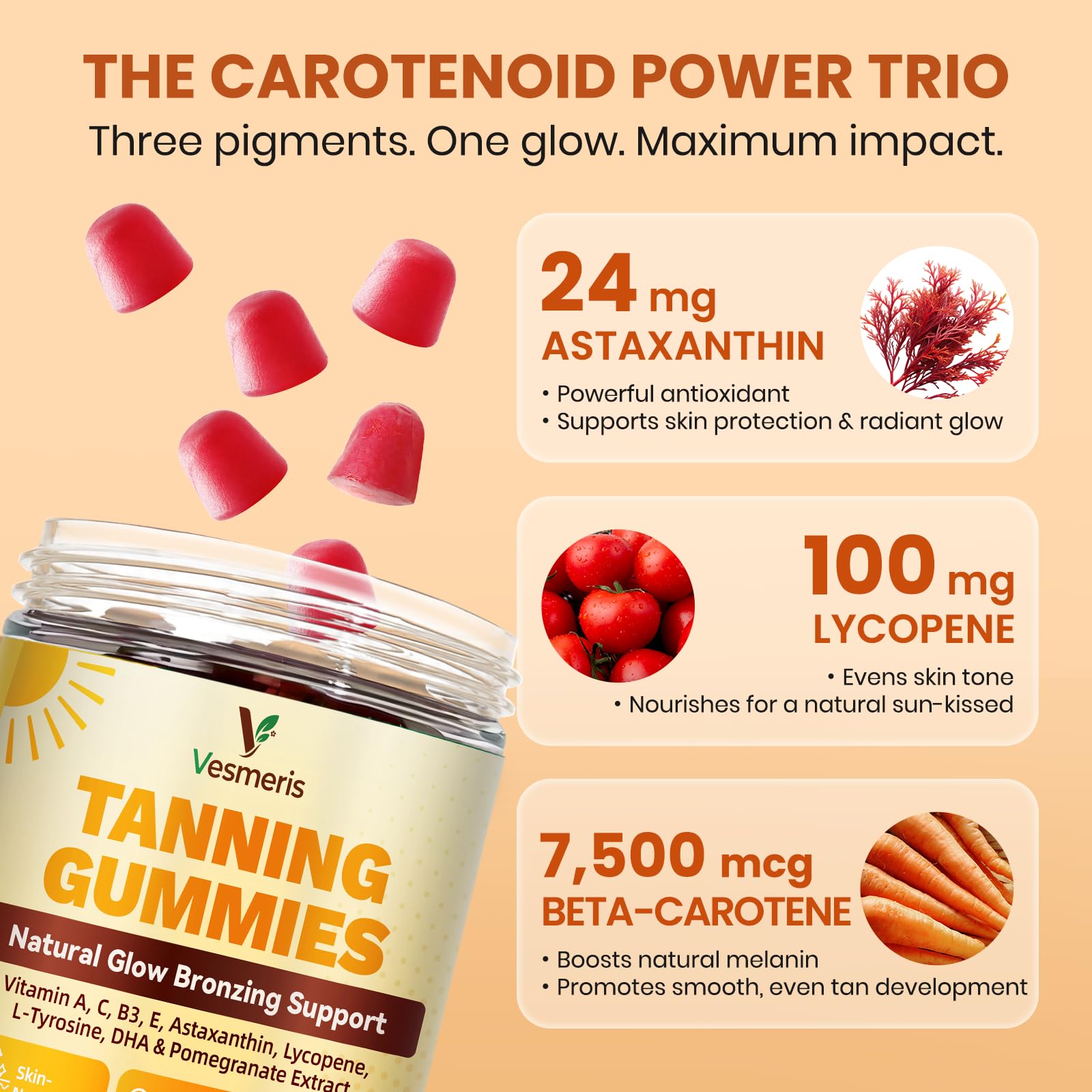 Tanning Gummies with Astaxanthin 24mg, Sunless Tanning Supplement with Beta Carotene, Vitamins for Natural Glow, Skin Health, Antioxidant & Self Tanner, Vegan & Sugar Free, Mixed Berry Flavor — Amazon image 5
