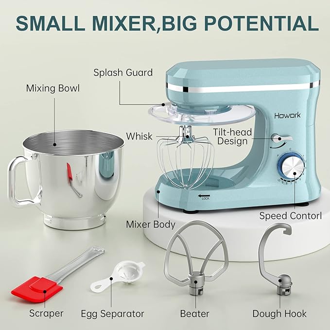 HOWORK Electric Stand Mixer,10+p Speeds With 6.5QT Stainless Steel Bowl,Dough Hook, Wire Whip & Beater
