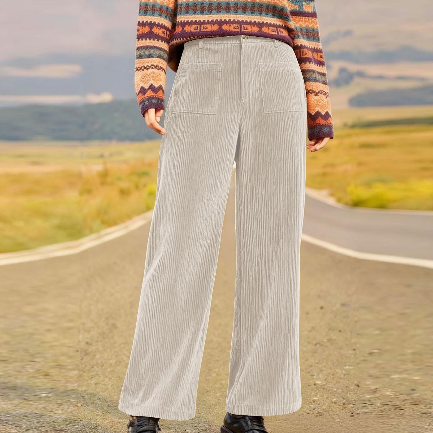 Womens Corduroy Pants Casual Fall High Waisted Wide Leg Pants Loose Stretchy Business Work Trousers with Pockets