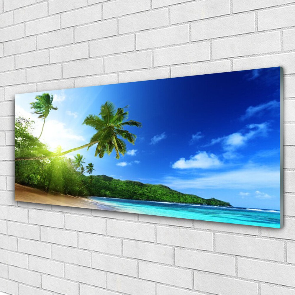 Tableau Décoratif Sur Verre - Impression Paysage Palmiers Plage Mer - 120x60 Cm - Moderne