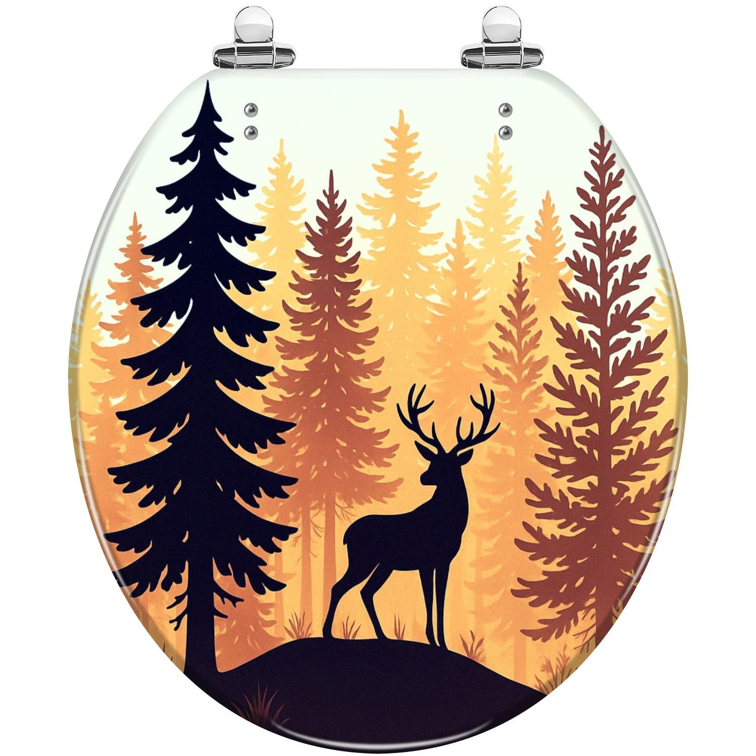 Round Toilet Seat Orange yellow sunset coniferous forest Deer antlers posing covered Resin Toilet Seat Quietly Close Quick Release Hinges with Cover Bumpers Decorative Easy to Install Clean