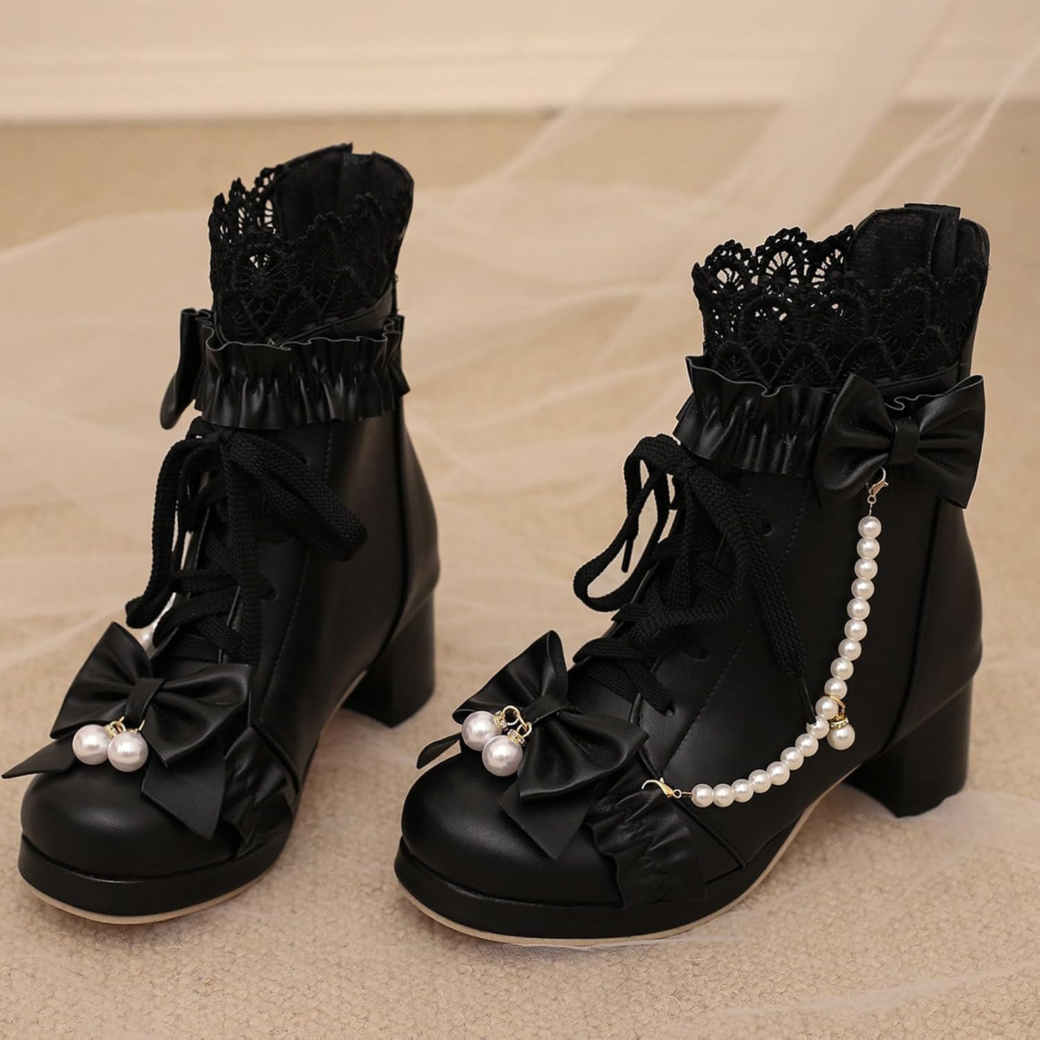 LUXMAX Women Cute Lolita Boots Chunky Mid Heel Ankle Boots with Bow Platform Lace Up Booties with Pearl