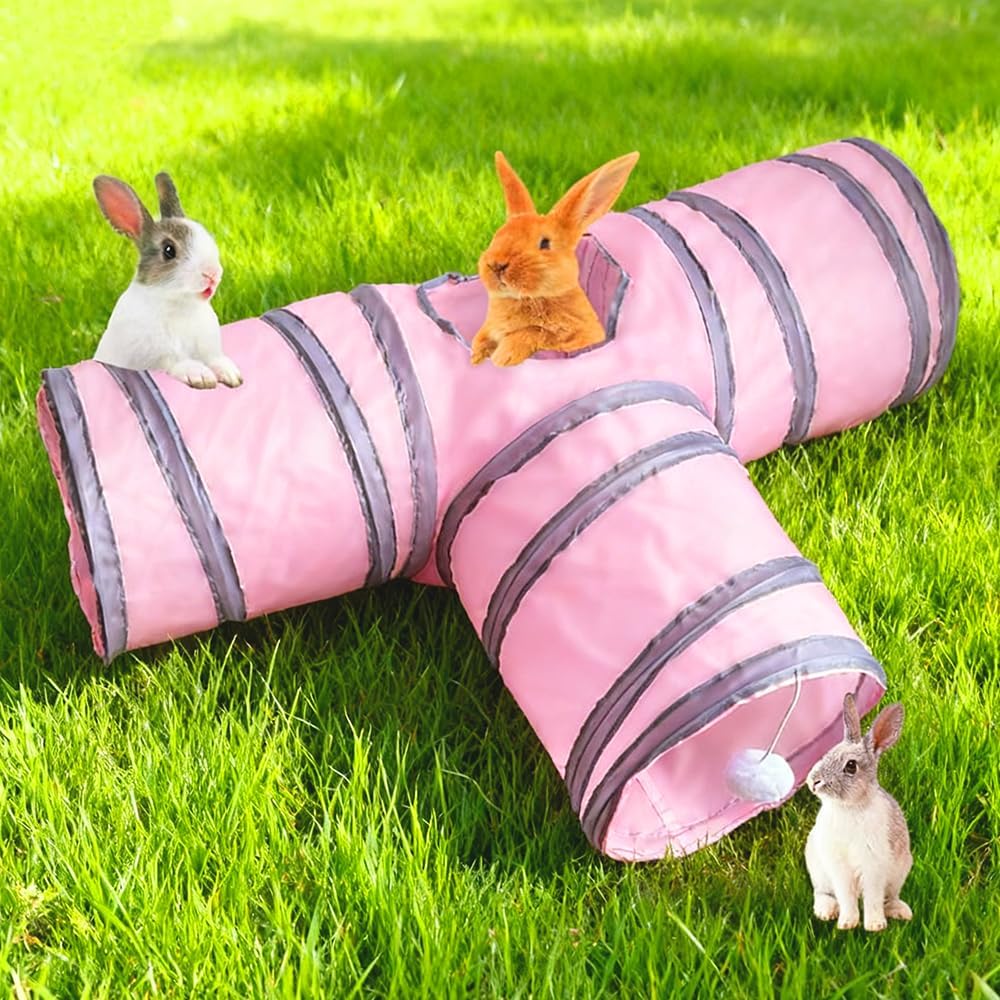 Rabbit Tunnels & Tubes Collapsible 3 Way Pink Grey | Play Tunnel Tube Toy with Hanging Ball for Kitten, Puppy, Bunny, Ferret, Interactive Toys for Fun Playtime & Exercise