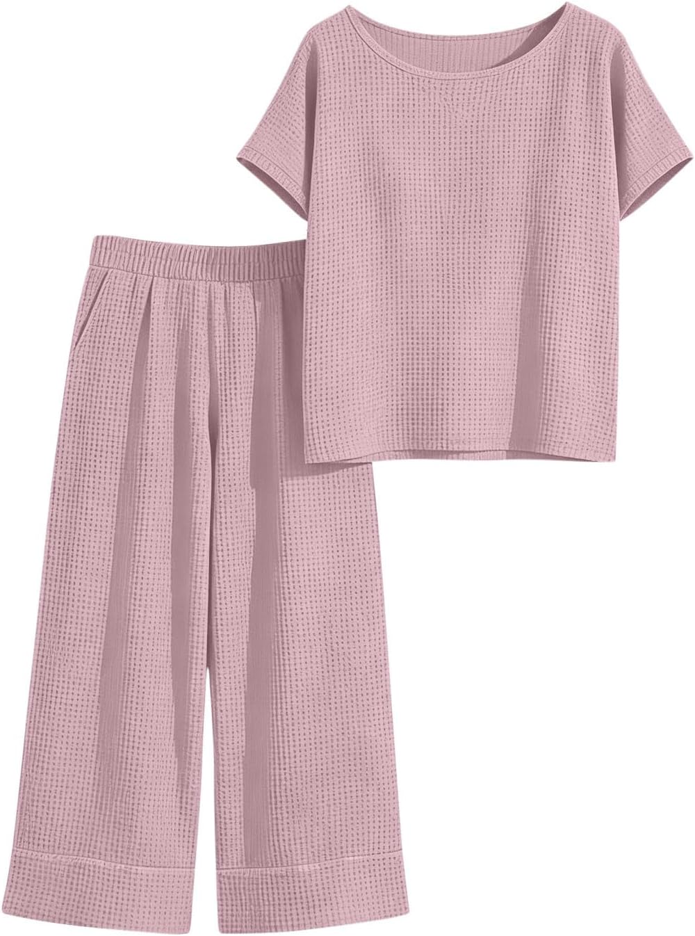 Xiaojmake Womens Casual Lounge 2 Piece Sets Waffle Loose Sweatsuits Short Sleeve V-Neck Long Top Pants Sets Ribbed Tracksuit