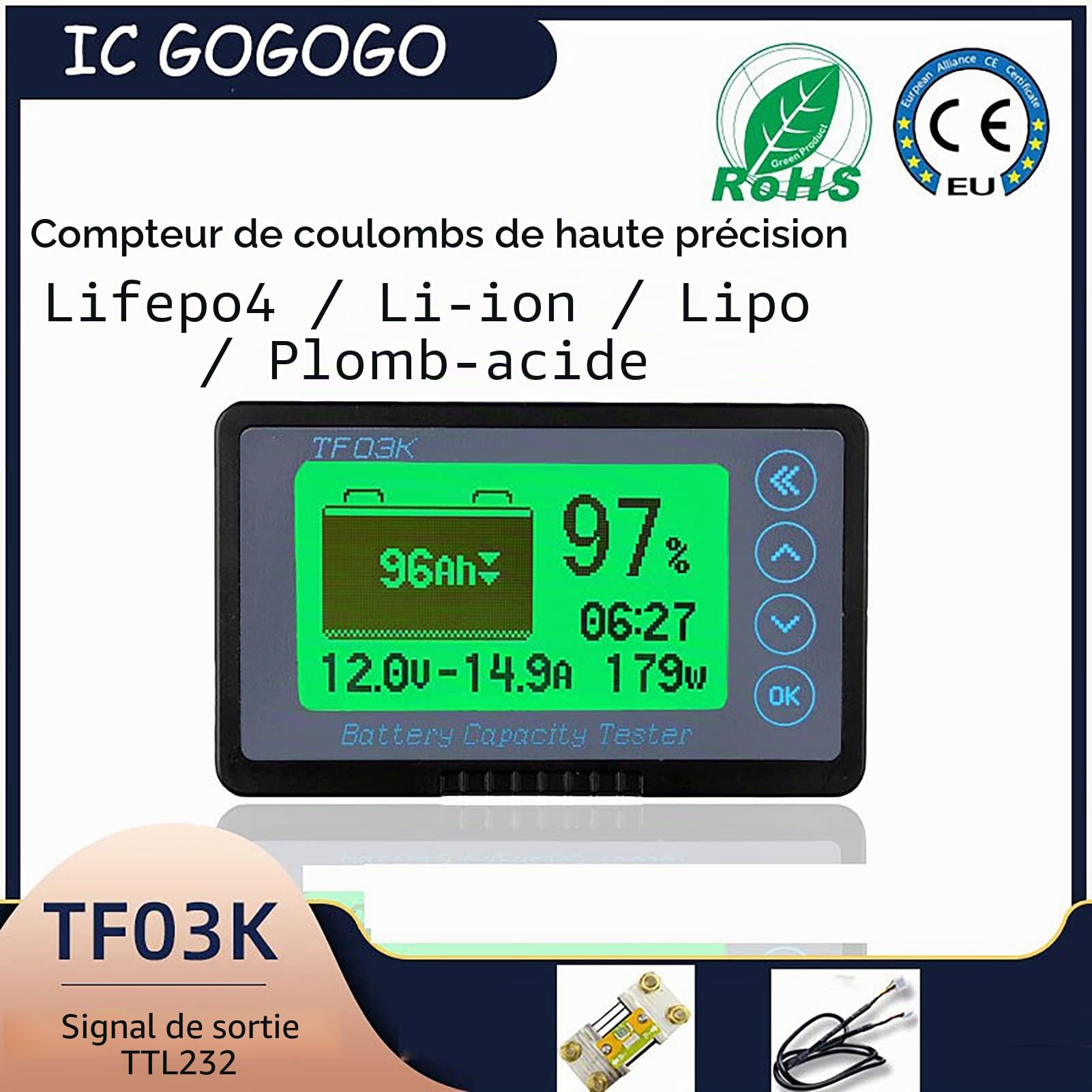 Compteur De Batterie, Moniteur De Capacité De Batterie Testeur De Batterie Voltmetre Amperemetre 8-120V 350A, TF03K Compteur De Coulomb Moniteur De Batterie Avec Alarme Basse Tension Pour Voiture RV