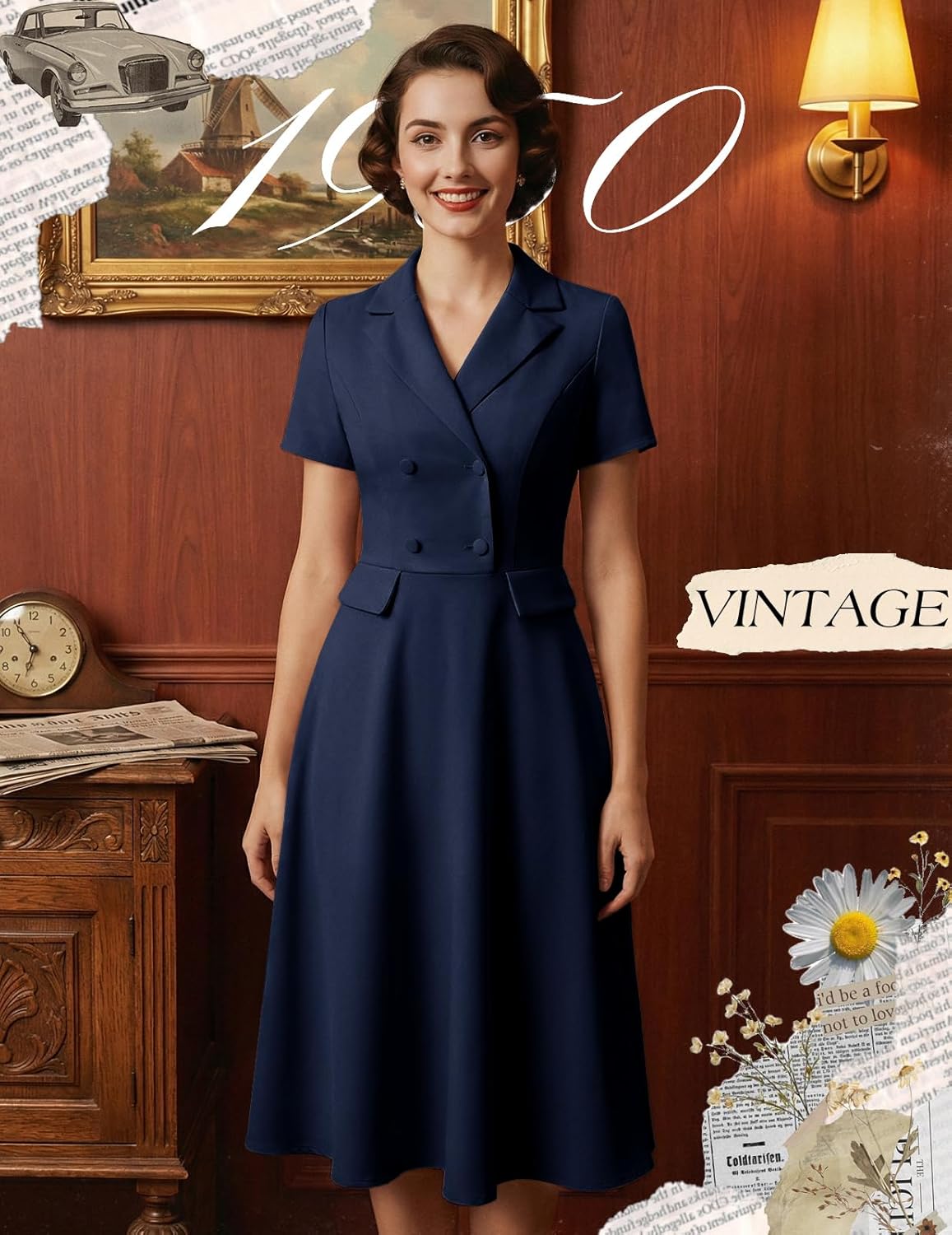 Bridesmay Vintage Cocktail Tea Party Dresses Collar Short Sleeve Fit and Flare Work Church Dress - Image 3