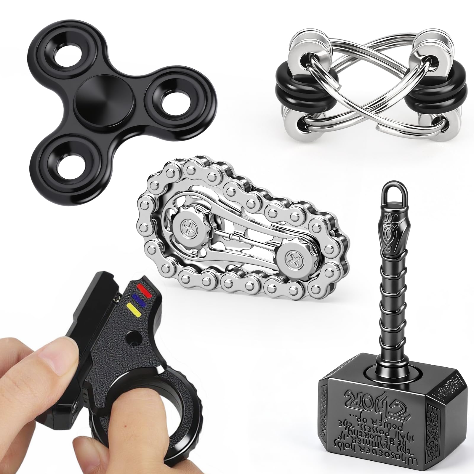 5PCS Fidget Spinner Toy Bluk Fdget Gun Finger Ring 2in 1 Hammer Infinity Cube Hand Chain Spin Gyro for Teens Adults, Gift for Birthday Party Classroom Prize