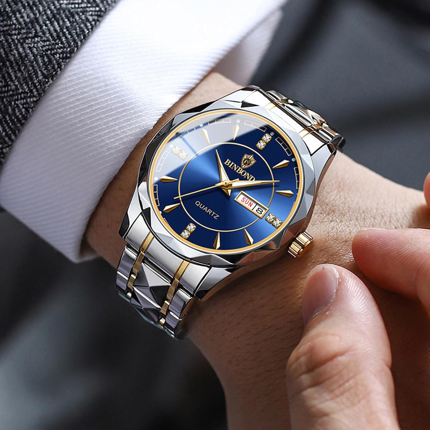 FANMIS Valentines Couple Pair Quartz Watches Luminous Calendar Waterproof Business Dress Luxury His and Hers Wristwatch Stainless Steel Couple Wedding Romantic Watch - Image 4