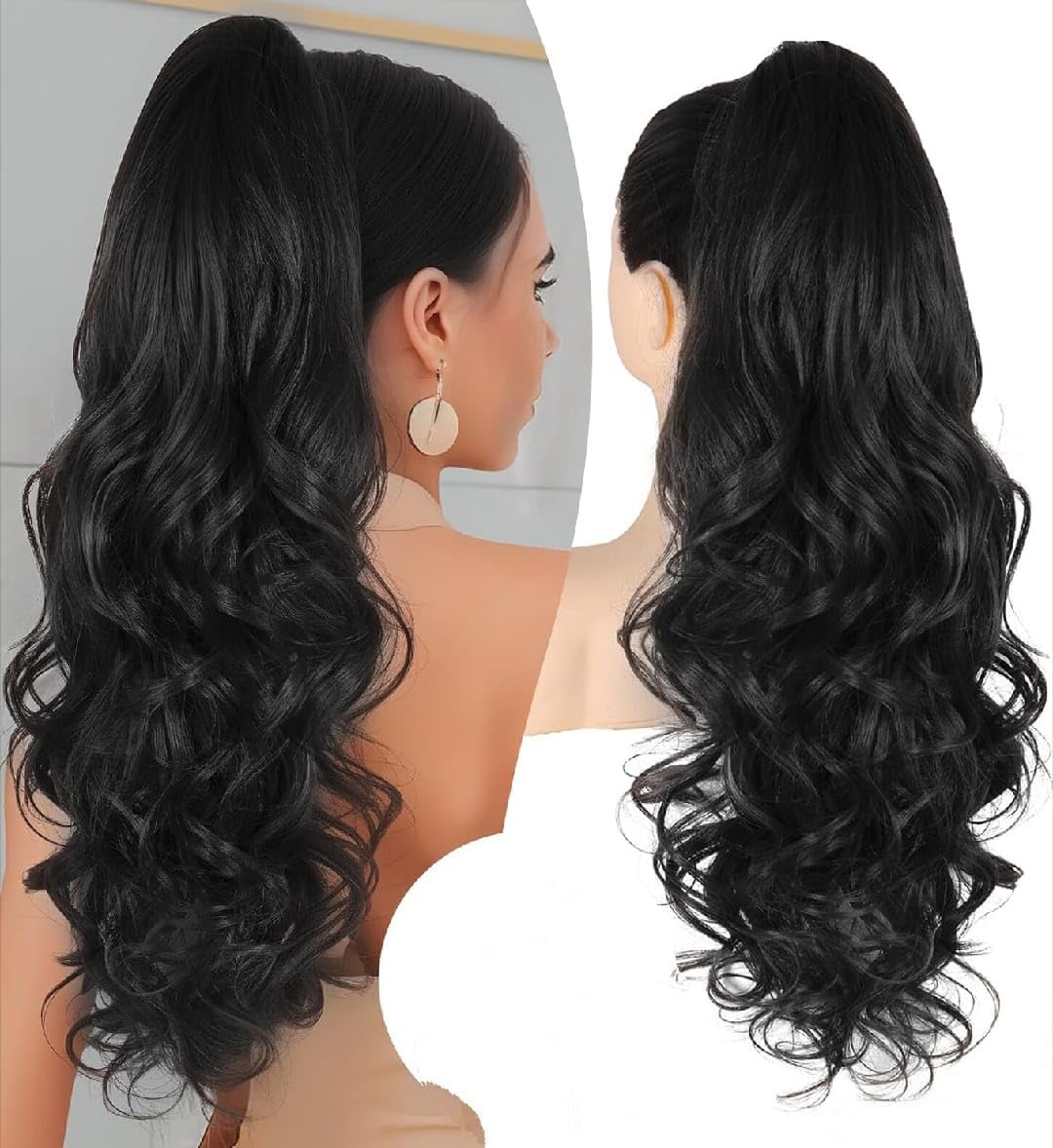 Miss Lirenn® Ponytail Extension, 18 to 20" Long Curly Wavy Claw Clip in Ponytail Hair Extensions, Jaw Clip on Pony Tails Fluffy Hairpiece for Women Daily Party Use, Black Color (Black)