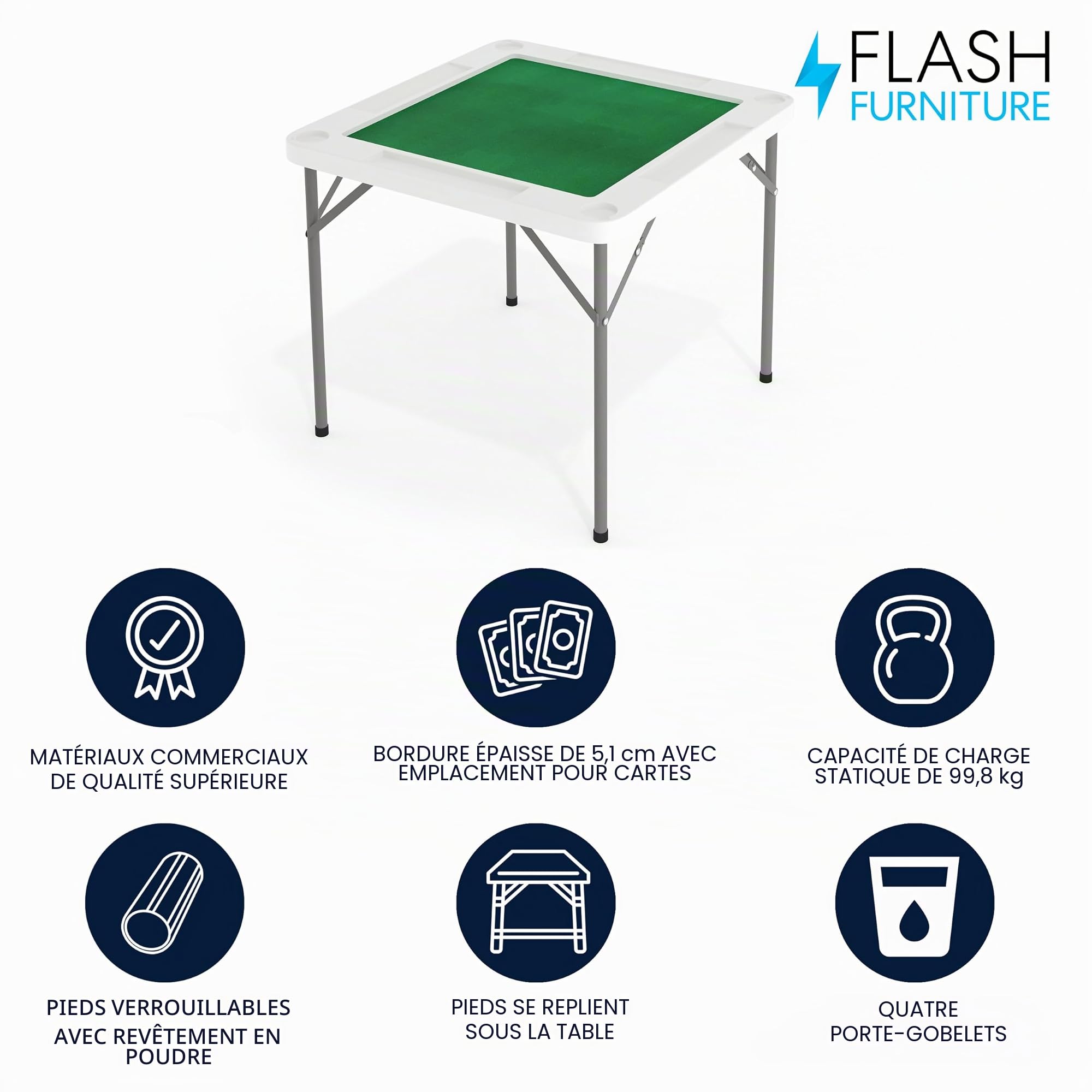 Flash Furniture Silas Table de Jeu carrée Pliante pour 4 Joueurs avec Surface de Jeu Verte et Porte-gobelets 87,6 cm