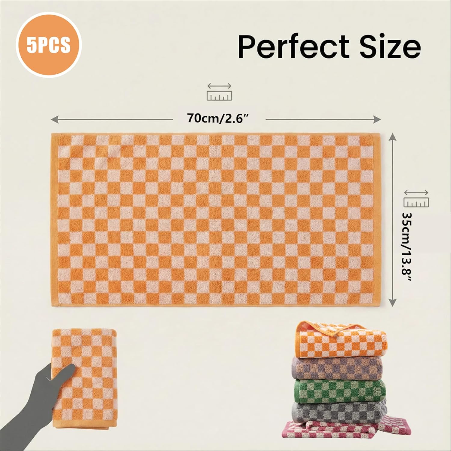 5Pcs Checkered Towels, Soft, Absorbent Cotton Checkered Hand Towels for Bathroom, Kitchen, Gym, Spa, 14 x 28 Inches, Hand