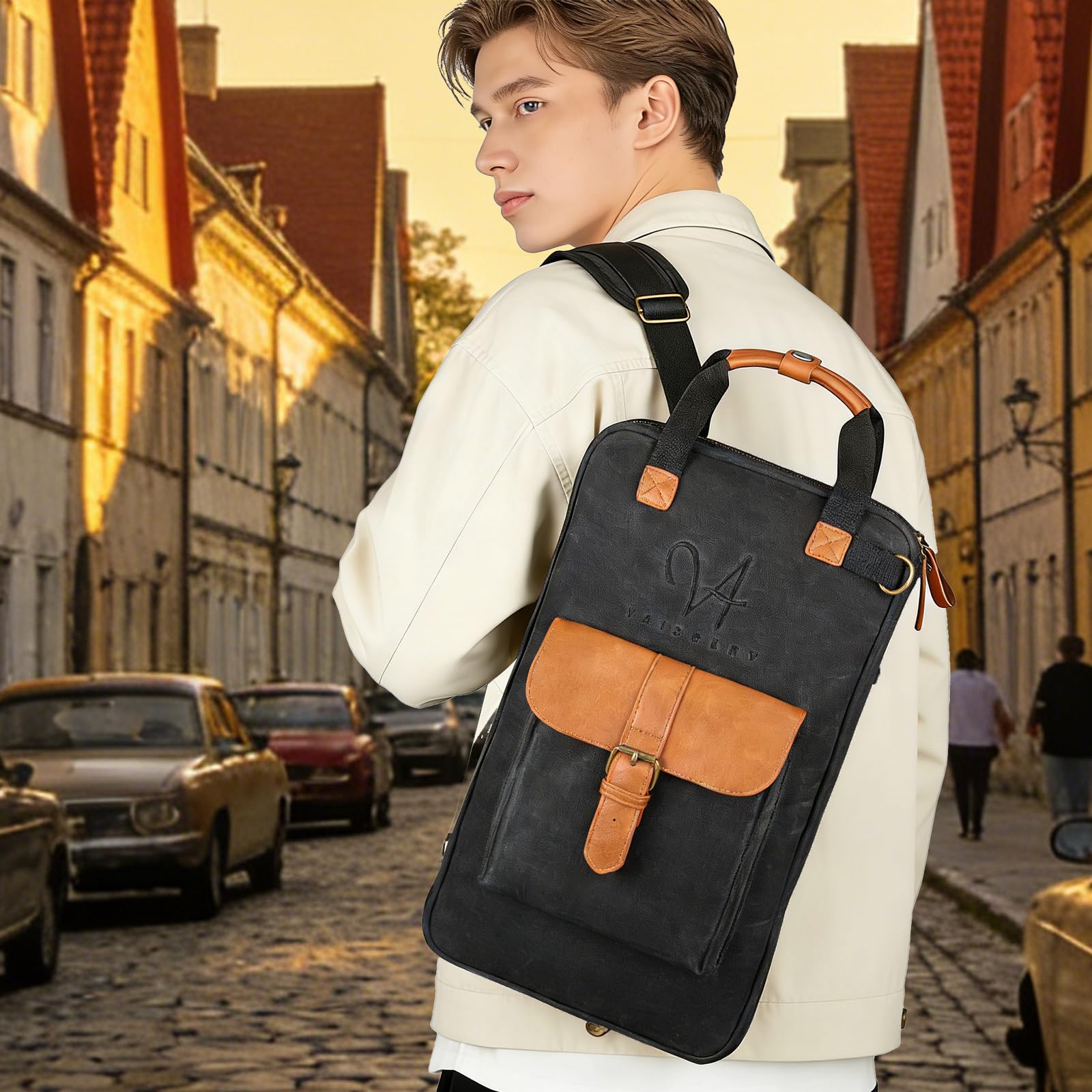 Bolsa para baquetas de batería de lona encerada con asas y correa de hombro desmontable, funda de percusión para bateristas y principiantes (VUK-YLGBB-BLK02 - Negro)