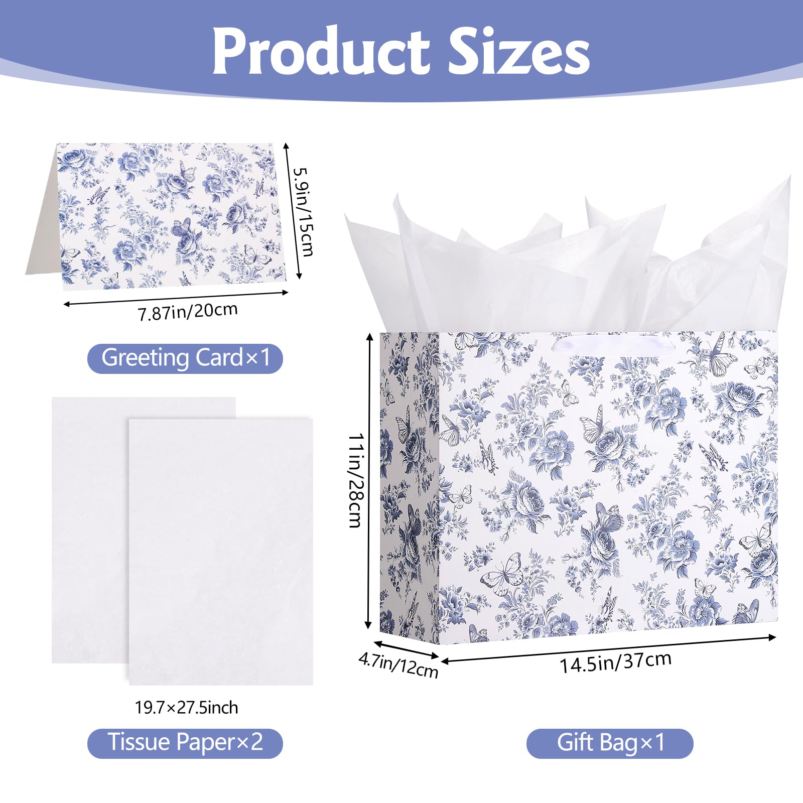 woric 14.5" Large Bridal Shower Gift Bag, Blue Floral Wedding Gift Bag with Greeting Card and Tissue Paper for Women Wedding Engagement Gifts