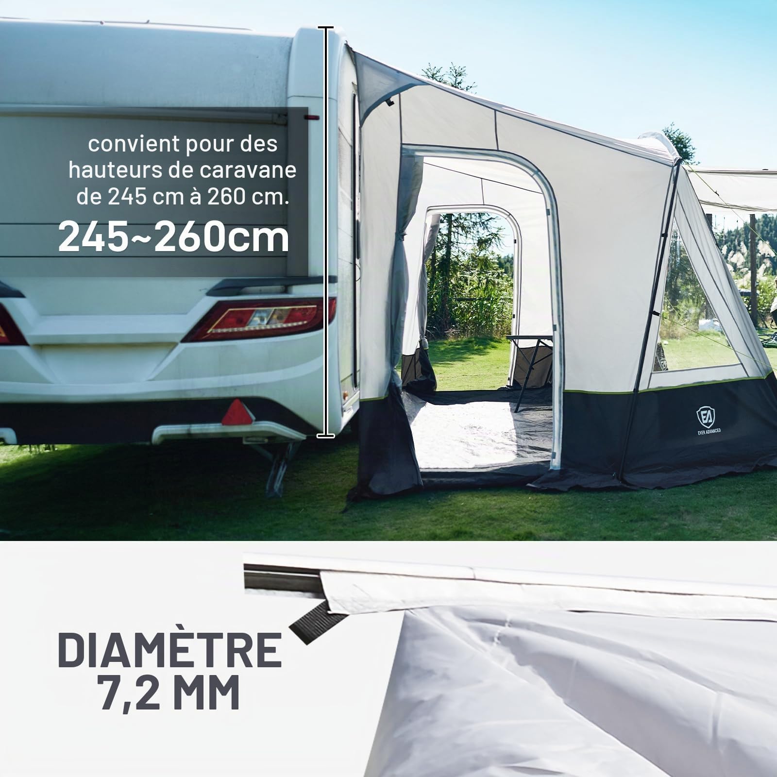 EVER ADVANCED Auvent de caravane 350 x 260 x 245 cm pour camping-car avec 2 fenêtres, porte latérale, grande porte comme toit, auvent de voyage en polyuréthane 3000 mm imperméable pour les voyages, la