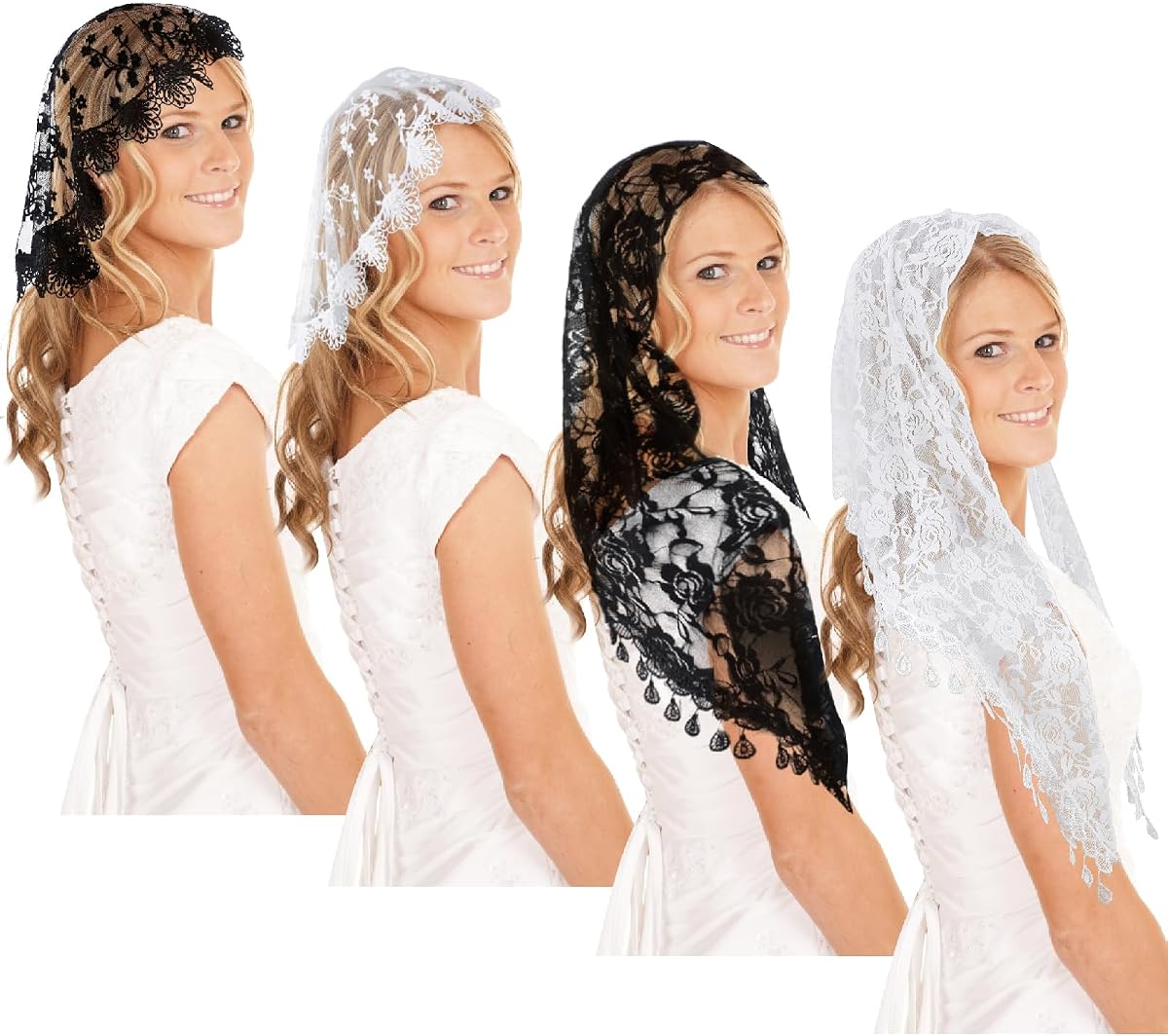 JATEBI Velo católico de encaje retro de 3/4 piezas, velo de masa de mantilla triangular | Velo de novia catedral, chal de encaje que cubre la cabeza rectangular, velos de novia para boda