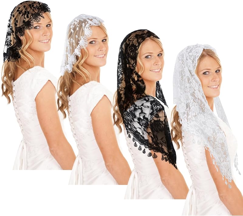 JATEBI Velo católico de encaje retro de 3/4 piezas, velo de masa de mantilla triangular | Velo de novia catedral, chal de encaje que cubre la cabeza rectangular, velos de novia para boda