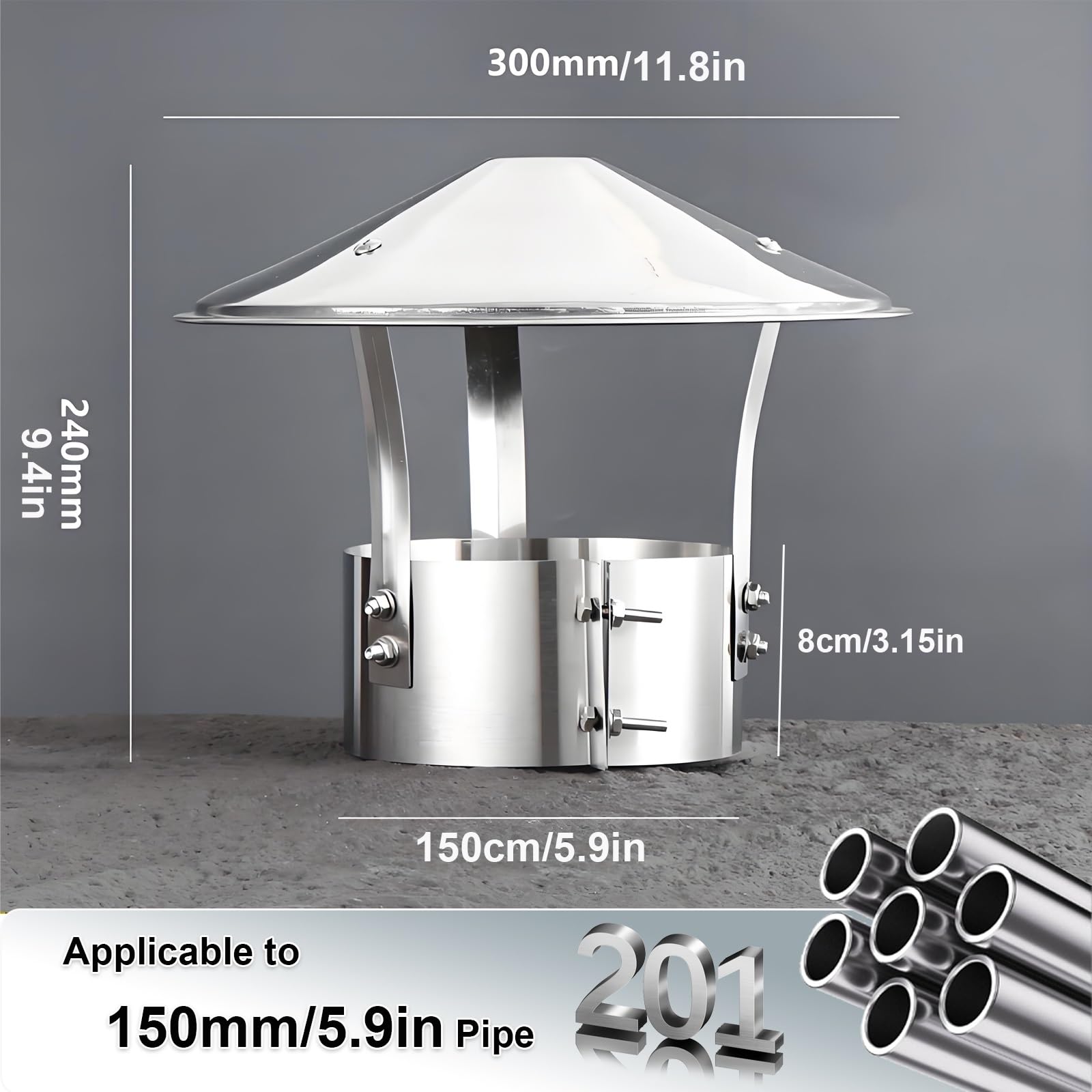 Sombrerete Chimenea de Acero Inoxidable, Tapa de Ventilación 90 100 130 150 180 210 250mm Sombrero de Chimenea a Prueba de Lluvia para Una Vivienda Unifamiliar(150mm/5.9in)