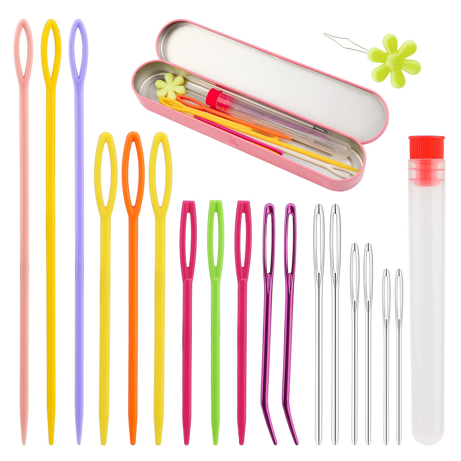 Plastic Large Eye Sewing Needles, Bent Tapestry Needles Large-Eye Blunt Needles Yarn Needles Crafting Knitting Stringing Needles with Storage Box and Needle Threader for Crocheting