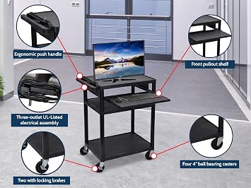 LUXOR LP34LE-B AV Cart with Three Shelves, Front Pullout Shelf, 300 lbs. Weight Capacity, 24W x 18D x 34H, 15' Cord