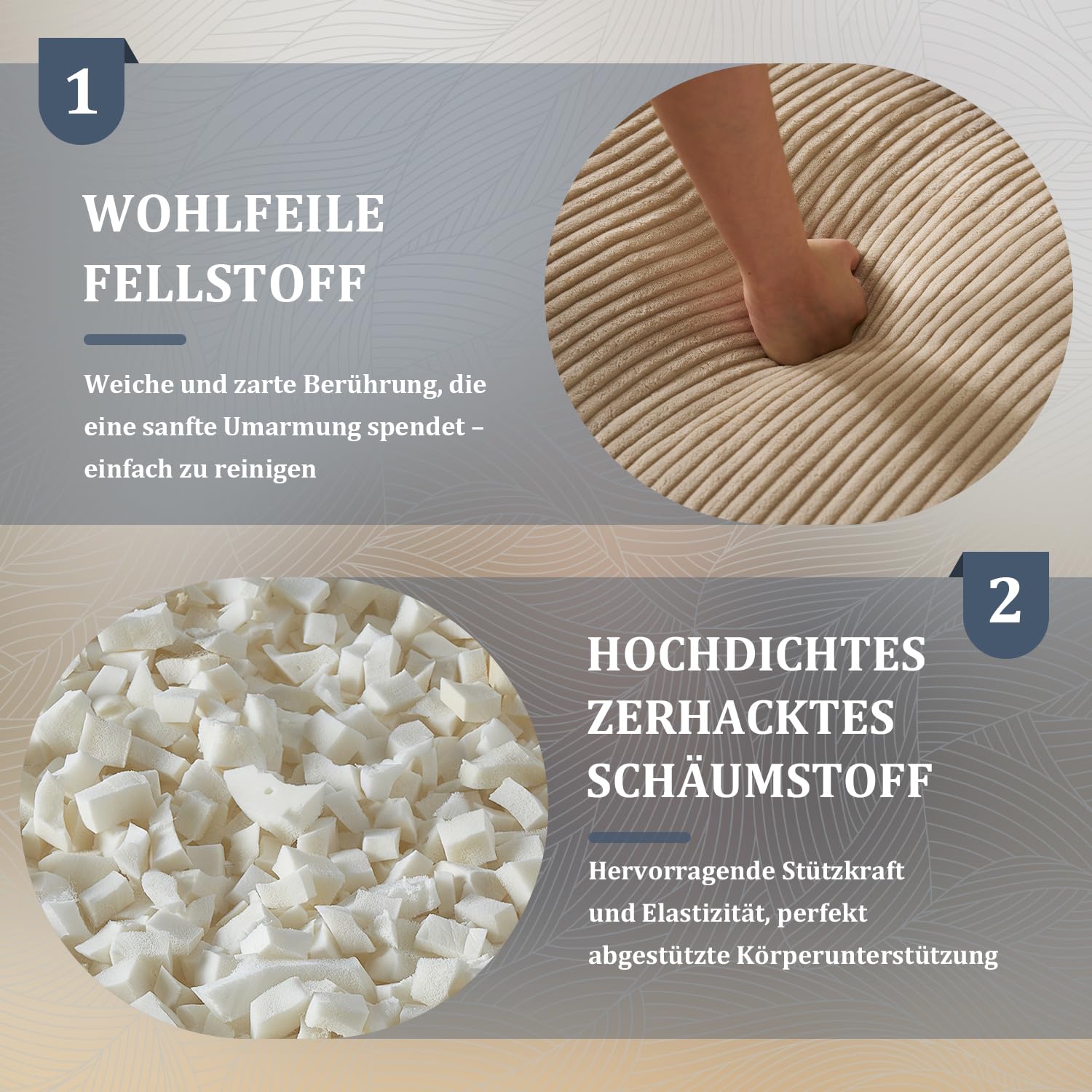 Sitzsack Cord mit Rückenlehne, Sitzsack Erwachsene mit Füllung, Großer Bean Bag aus Kunstfell, Bequemer Lounge-Sessel mit Hochdichtem Schaumstoff, Schlafzimmer & Wohnzimmer, Beige