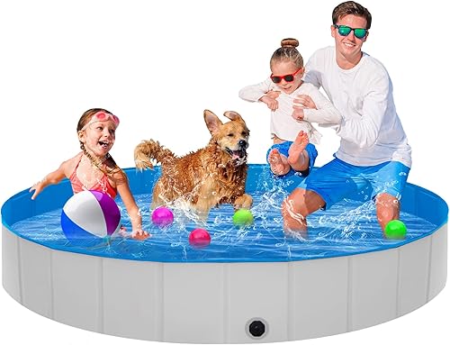 Miniatura 15 de Piscina plegable extragrande para perros grandes, resistente, 97 x 16 pulgadas, piscina portátil antideslizante de plástico duro para mascotas,