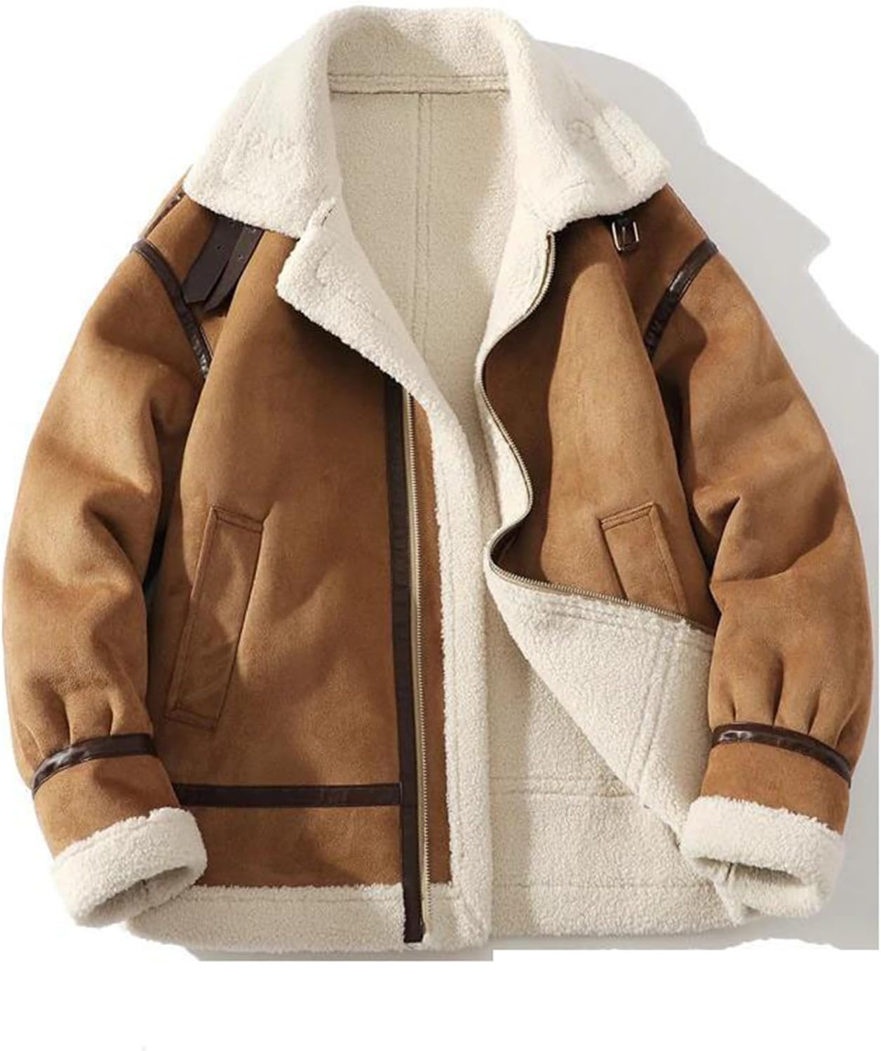 Men's Suede Leather Jacket Faux Lamb Wool Lined Thick Warm Coat Patchwork Turn Down Collar Winter Outerwear