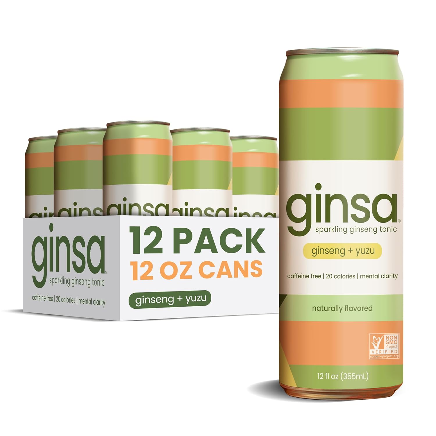 ginsa Sparkling Ginseng Energy Drink with Korean Red Ginseng | Natural Energy Booster | Non-GMO, Supports Focus & Clarity with Pure Ginseng Root, No Caffeine | 12 Pack | 12oz | Ginseng + Yuzu Flavor