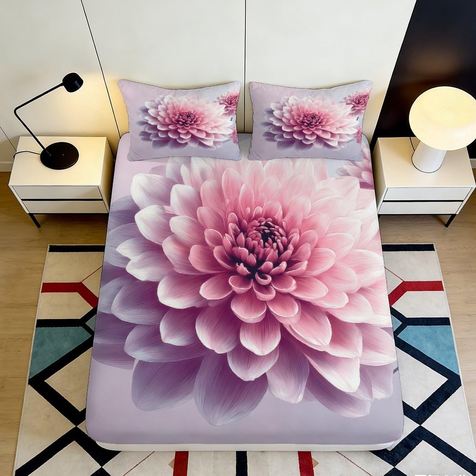 Zfldkwgb Style-5 3D Printed Pink Flower Fitted Sheet Microfiber Soft Non-Slip Mattress Cover For Bedroom Guest Room Dustproof Decor 90X200x25cm