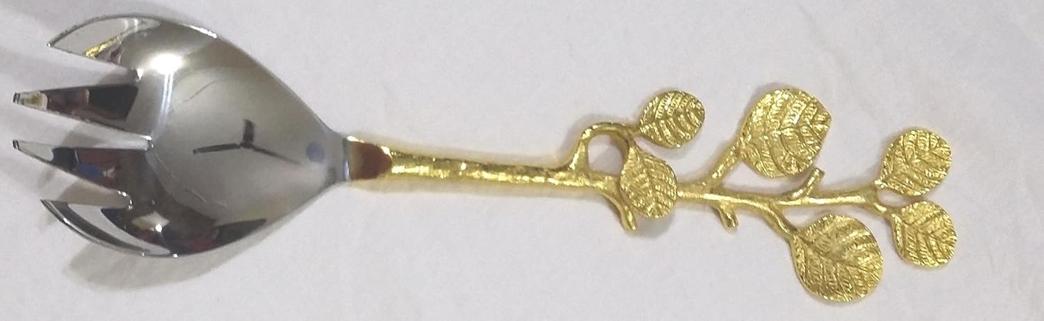 Stylish Designer Decorative Stainless Steel Large Gold Twigs Salad Serving Spoon & Fork Set - By Marigold Stores™