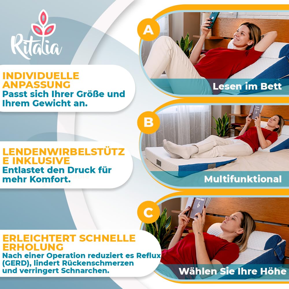 Ritalia® Keilkissen 3 Höhen 60x60x30 cm | Rückenkissen Bett und Venenkissen | Ergonomisches Sitzkissen Bett mit Rückenstütze, Ideal als Wedge Pillow für Schlafen und Erhöhung der Matratze