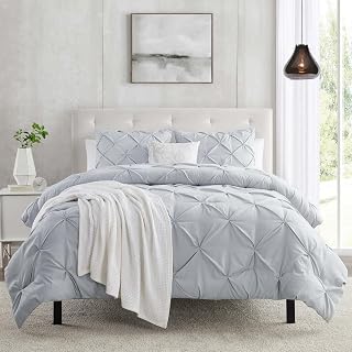 Clara Clark Duvet Cover Full Size 3 Piece Pintuck Comforter Set - 1 Duvet Cover 80x90 Button Closure with 2 Pillow Shams - Ultra Soft Microfiber Bedding Pinch Pleated Full Duvet Cover Set, Steel Blue