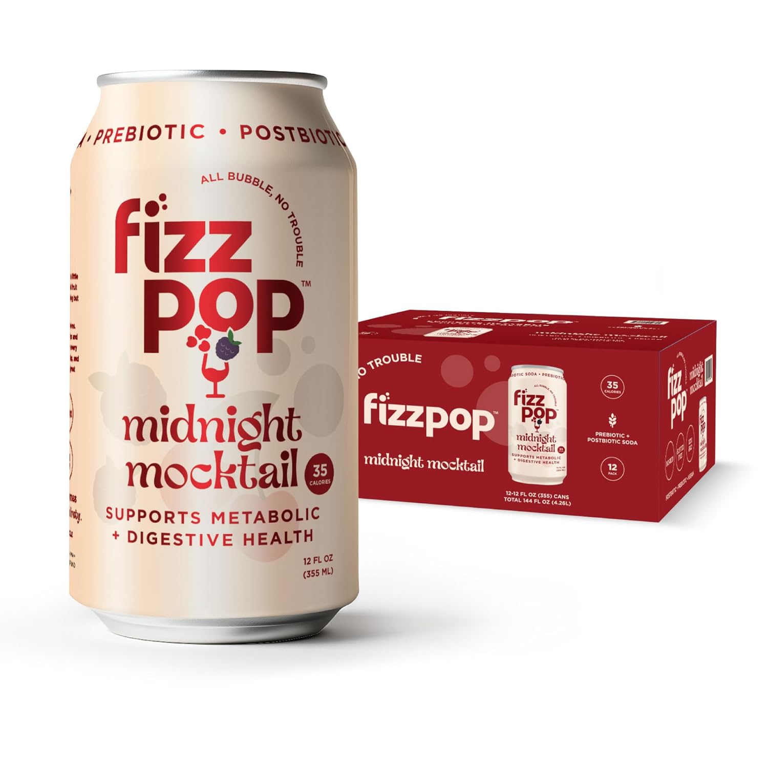 Fizz Pop Metabolic Sparkling Postbiotic and Prebiotic Soda Pop Gut Health Seltzer Water Fiber Drink, Metabolism Booster, Midnight Mocktail Flavor, 12 oz Cans (Pack of 12)