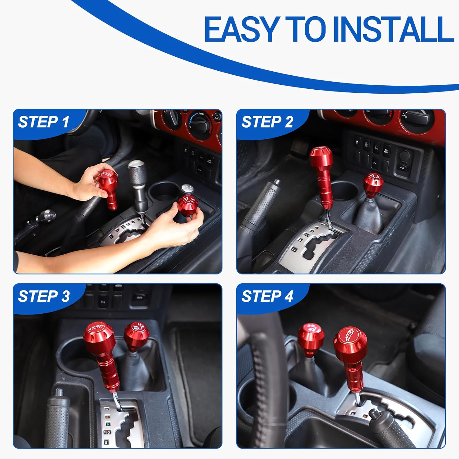 Compatible with Toyota FJ Cruiser 2007-2021 Car Gear Shifter Head Replacement, Aluminum Alloy Shifter Shift Button Knob Replacement Kit (Red)
