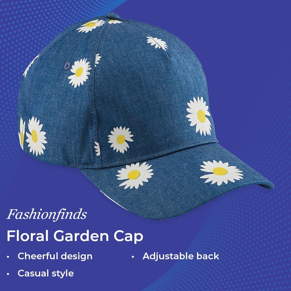 Daisy Denim Baseball Cap, Floral Printed Summer Hat for Women, Adjustable Navy Cotton Twill Sports Ball Cap for Girls