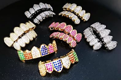 HH BLING EMPIRE Iced Out Diamond Teeth Grillz for Men Women, Hip Hop Silver Grills for your teeth Top and Bottom, Rapper Costume Mouth Grillz with Silicone Molding Bars