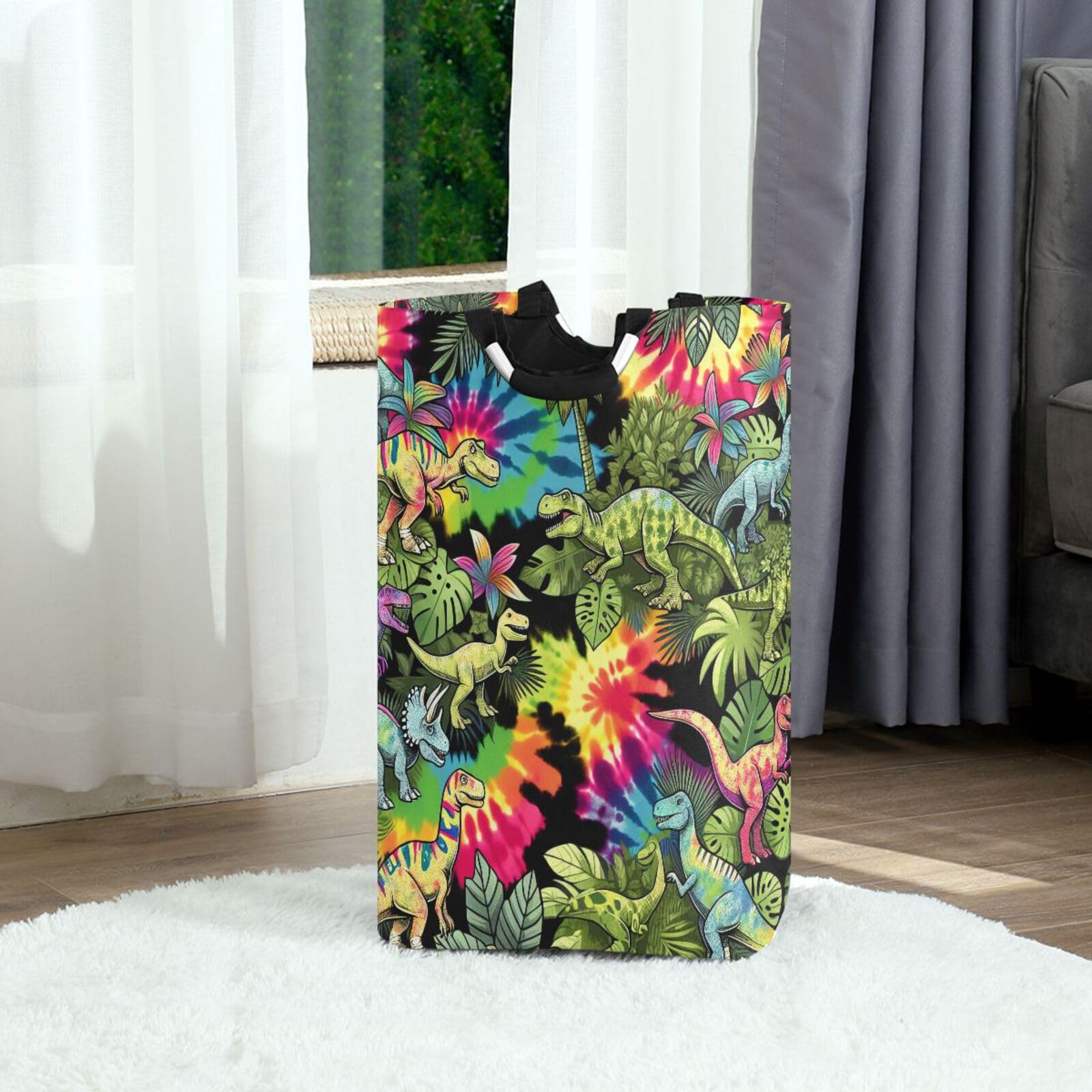 Jihqo Laundry Hamper Basket Vibrant Jungle Dinosaurs Collapsible Nursery Storage Bin Waterproof Clothing Baskets for Home Bedroom Bathroom Washing Room