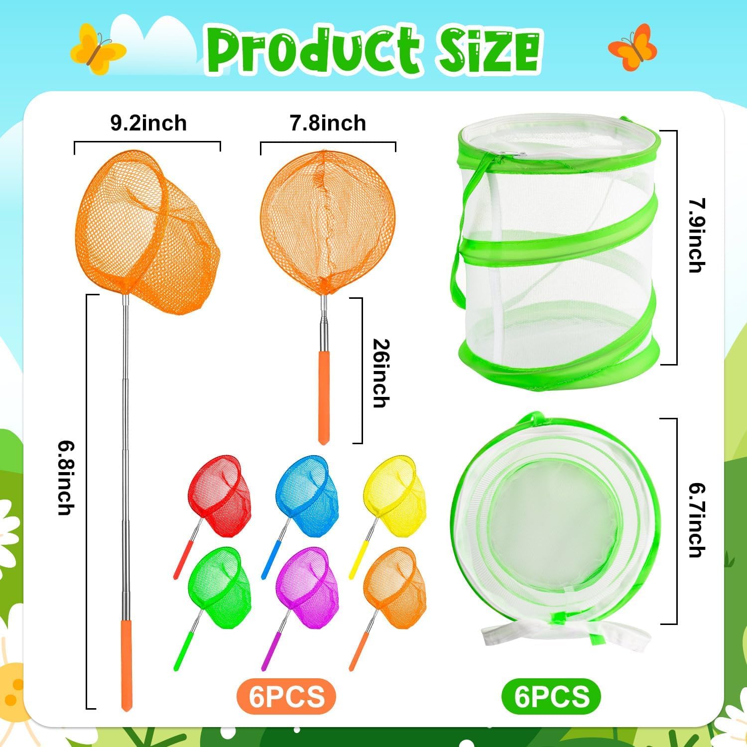 12PCS Telescopic Butterfly Fishing Nets for Kids Catching Insect Net Outdoor Tools Including 6pcs Catching Nets and 6pcs Insect Mesh Cages Outdoor Tools for Catching Butterfly and Fish (6 Colors) - Image 2