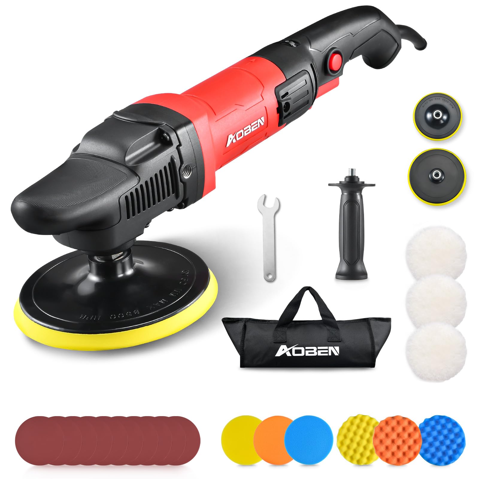 AOBEN Car Buffer Polisher,Rotary Polisher,1600W Car Polisher Waxer with 6 Variable Speed,with Foam/Wool Pads &amp; Sandpaper for Polishing, Waxing, Scratch Removal