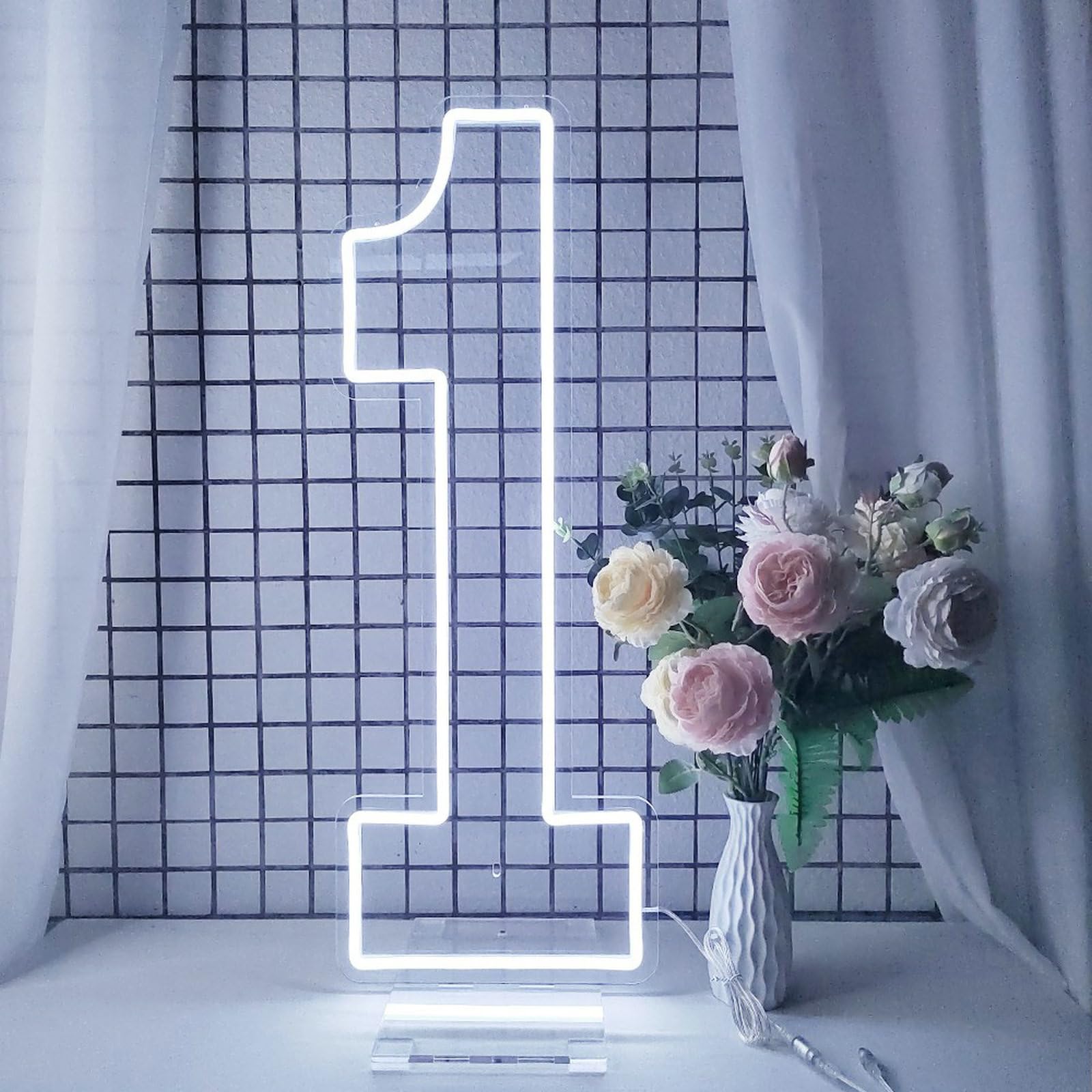 DS&DV Insegna luminosa con numeri al neon a LED, dimmerabile, con base autoportante, per decorazione per feste (bianco freddo, numero 1)