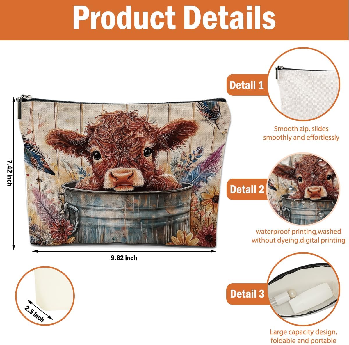 4 PCs Highland Cow Makeup Bag Cow Print Stuff Highland Cow Gifts Cosmetic Bag, Western Gifts for Women Scottish Girls Best Friends Coworkers, Cute Cow Stuff Christmas birthday Gifts Zipper Pouch - Image 2