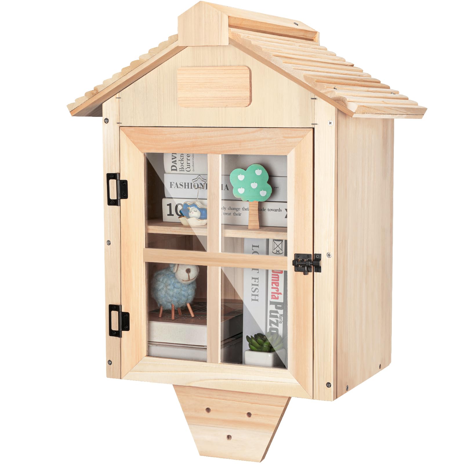 Little Library Box Outdoor Free Library Kit,Double Literature Little Library with Shelf Book Storage Trapezoidal Roof for Neighborhoods DIY,Schools,Community Sharing Books,Newspapers,Flyers