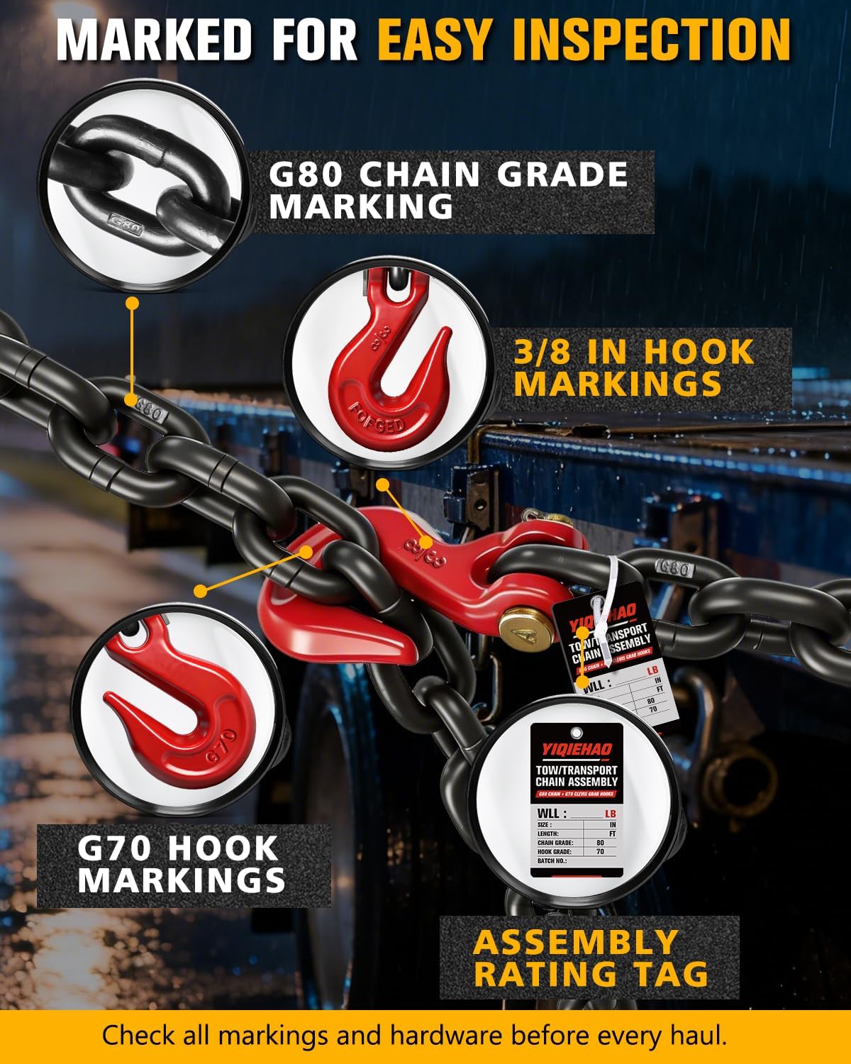 3/8" Chain 20ft, G80 Trailer Tow Chain, 2 Grab Hooks, 7,100 lb WLL