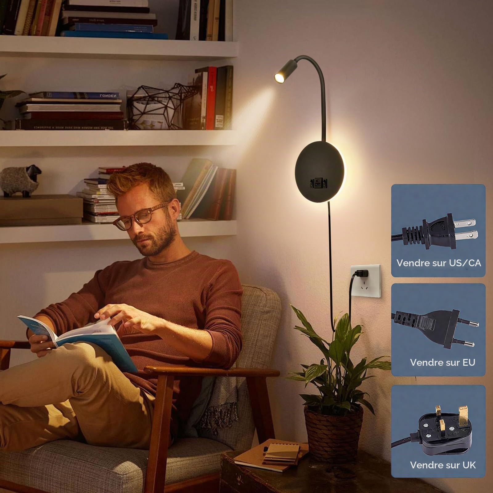 Lampe de Lecture Murale avec Port de Charge USB & USB-C et Prise, Lampe de Lit LED avec Éclairage Ambiant, Lampe de Lecture Murale Flexible, Lampe Murale avec Prise(Noir)