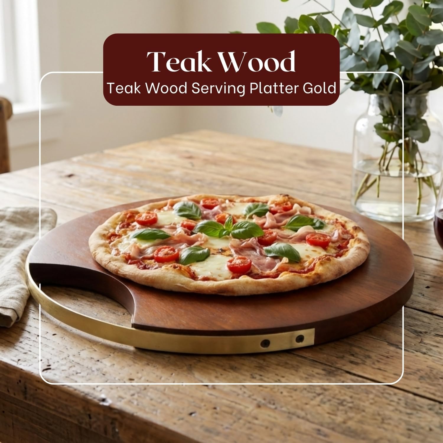 nestroots Serving Tray with Handle, Round Teak Wood Platter, 14 Inch